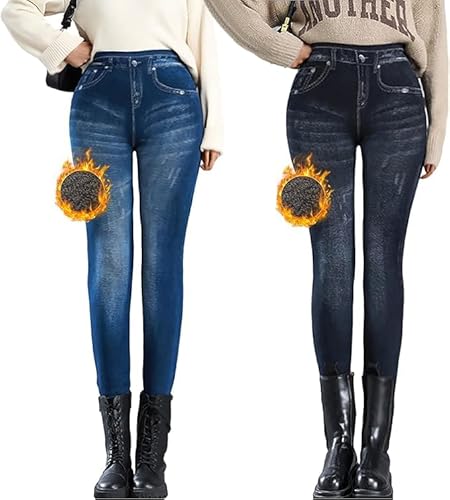 OEAK Damen Thermo Leggings Jeans-Look High Waist Jeggings gefüttert Jeansoptik Leggins Thermohose mit Innenfutter Stretch Skinny Jeanshosen Strumphose,2PCS Blau+Schwarz,L von OEAK