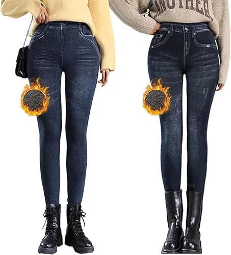 OEAK Damen Thermo Leggings Jeans-Look High Waist Jeggings gefüttert Jeansoptik Leggins Thermohose mit Innenfutter Stretch Skinny Jeanshosen Strumphose,2PCS Dunkelgrau+Schwarz,L von OEAK