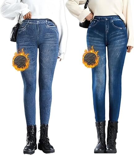 OEAK Damen Thermo Leggings Jeans-Look High Waist Jeggings gefüttert Jeansoptik Leggins Thermohose mit Innenfutter Stretch Skinny Jeanshosen Strumphose,2PCS Hellblau+Dunkelblau,L von OEAK