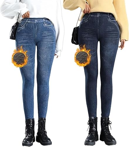 OEAK Damen Thermo Leggings Jeans-Look High Waist Jeggings gefüttert Jeansoptik Leggins Thermohose mit Innenfutter Stretch Skinny Jeanshosen Strumphose,2PCS Hellblau+Dunkelgrau,L von OEAK