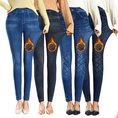 OEAK Damen Thermo Leggings Jeans-Look High Waist Jeggings gefüttert Jeansoptik Leggins Thermohose mit Innenfutter Stretch Skinny Jeanshosen Strumphose,4PCS Blau+pures Schwarz,S von OEAK