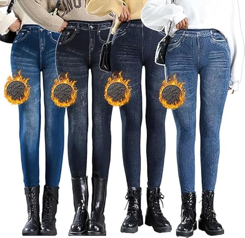 OEAK Damen Thermo Leggings Jeans-Look High Waist Jeggings gefüttert Jeansoptik Leggins Thermohose mit Innenfutter Stretch Skinny Jeanshosen Strumphose,4PCS Mehrfarbig,XL von OEAK