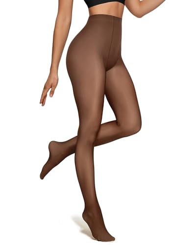 OEAK Damen Thermo Strumpfhosen Leggings mit Gefüttert Blickdicht Thermoleggings Elastische Plüschstrümpfe Warm Winterleggings,Kaffee Durchsichtig,XXL,220g(Dünn Fleecefutter) von OEAK