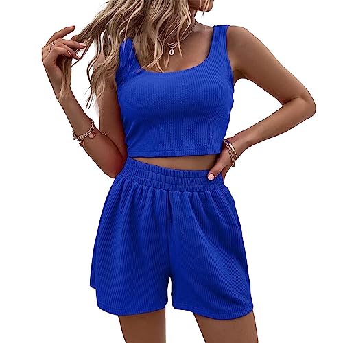 OEAK Damen Zweiteiler Outfit Sommer Freizeitanzug Einfarbig Ärmellos Crop Top und Shorts Set Casual Loungewear Hosenanzug Y2K Streetwear,Königsblau,L von OEAK