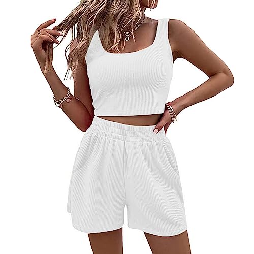 OEAK Damen Zweiteiler Outfit Sommer Freizeitanzug Einfarbig Ärmellos Crop Top und Shorts Set Casual Loungewear Hosenanzug Y2K Streetwear,Weiß,S von OEAK