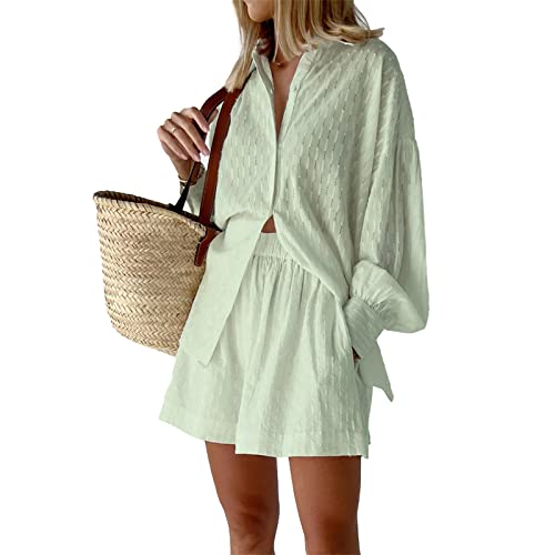 OEAK Damen Zweiteiler Outfit Sommer Freizeitanzug Einfarbig Langarm Revers Button Down Hemd und Shorts Set Casual Loungewear Hosenanzug Y2K Streetwear,Langarm-Hellgrün,XL von OEAK