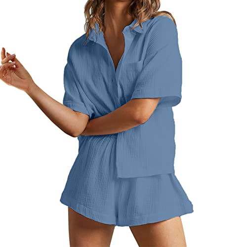 OEAK Damen Zweiteiler Outfit Sommer Freizeitanzug Einfarbig Kurzarm Revers Button Down Hemd und Shorts Set Casual Loungewear Hosenanzug Y2K Streetwear,Kurzarm-Blau,M von OEAK