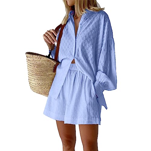 OEAK Damen Zweiteiler Outfit Sommer Freizeitanzug Einfarbig Langarm Revers Button Down Hemd und Shorts Set Casual Loungewear Hosenanzug Y2K Streetwear,Langarm-Himmelblau,M von OEAK