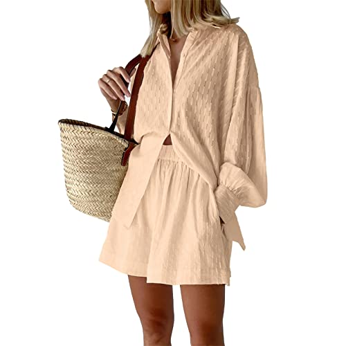 OEAK Damen Zweiteiler Outfit Sommer Freizeitanzug Einfarbig Langarm Revers Button Down Hemd und Shorts Set Casual Loungewear Hosenanzug Y2K Streetwear,Langarm-Khaki,L von OEAK