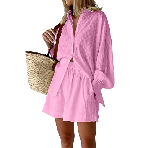 OEAK Damen Zweiteiler Outfit Sommer Freizeitanzug Einfarbig Langarm Revers Button Down Hemd und Shorts Set Casual Loungewear Hosenanzug Y2K Streetwear,Langarm-Rosa,M von OEAK