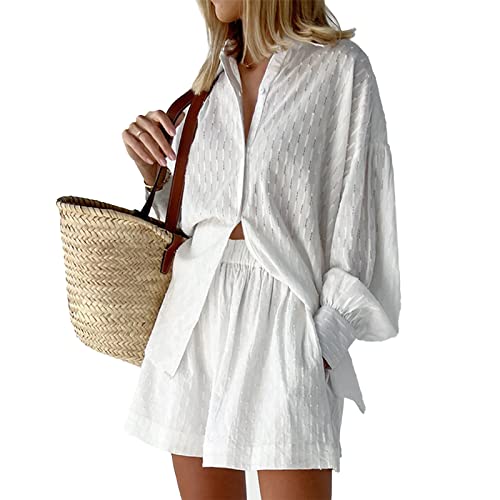 OEAK Damen Zweiteiler Outfit Sommer Freizeitanzug Einfarbig Langarm Revers Button Down Hemd und Shorts Set Casual Loungewear Hosenanzug Y2K Streetwear,Langarm-Weiß,M von OEAK