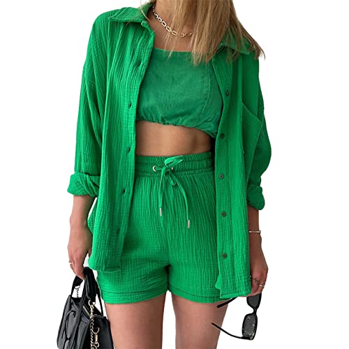 OEAK Damen Zweiteiler Outfit Sommer Freizeitanzug Einfarbig Revers Button Down Hemd und Shorts Set Casual Loungewear Hosenanzug Y2K Streetwear,Plissee-Grün,S von OEAK