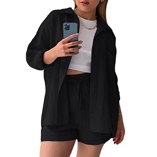 OEAK Damen Zweiteiler Outfit Sommer Freizeitanzug Einfarbig Revers Button Down Hemd und Shorts Set Casual Loungewear Hosenanzug Y2K Streetwear,Plissee-Schwarz,L von OEAK