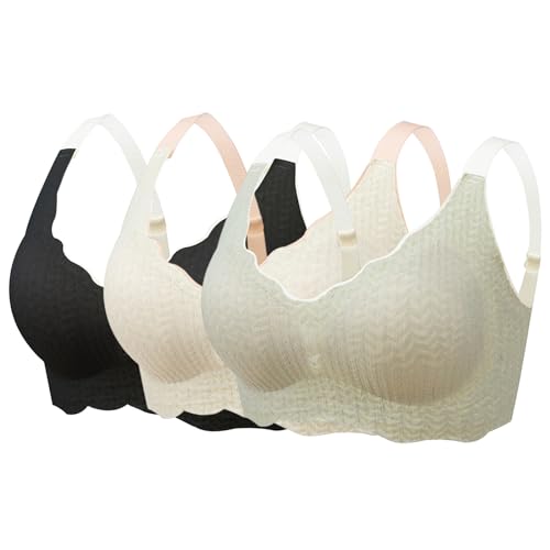 OEAK Elrosoy Jelly Gel Shaping BH Damen Komfort BH ohne Bügel Push Up Nahtlos Spitzen Bra Ultrakomfortabler Tshirt Schlaf BH Gepolstert Bustier Tops,3PCS-Schwarz+Beige+Hellgrün,L von OEAK