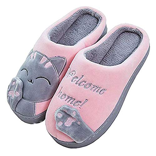 OEAK Hausschuhe Herren Katzen Damen Pantoffeln Plüsch Slippers Winter Weich warmLatschen mit rutschfestem Boden für Herren Mädchen Jungen(Pink,36-37) von OEAK