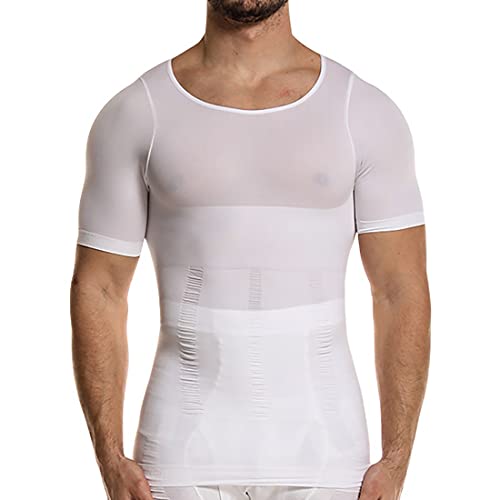 OEAK Herren Kompressionsshirt Bauchweg Body Shaper Figurformendes Unterhemd Sportshirt Atmungsaktiv Trainingsshirt Schnelltrocknende Shapewear(Kurzarm-Weiß,M) von OEAK