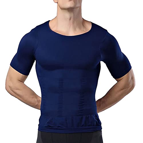 OEAK Herren Kompressionsshirt Bauchweg Body Shaper Figurformendes Unterhemd Sportshirt Atmungsaktiv Trainingsshirt Schnelltrocknende Shapewear,Kurzarm-Blau,3XL von OEAK