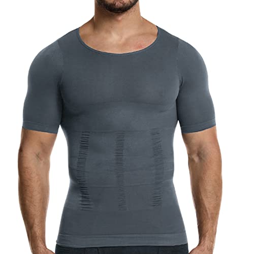 OEAK Herren Kompressionsshirt Bauchweg Body Shaper Figurformendes Unterhemd Sportshirt Atmungsaktiv Trainingsshirt Schnelltrocknende Shapewear,Kurzarm-Grau,3XL von OEAK