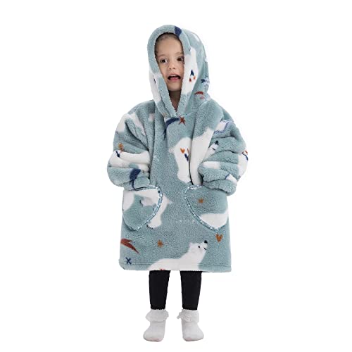 OEAK Hoodie Decke Kinder Pullover Decke Oversize lose Übergroße Kuscheldecke mit Ärmeln Sweatshirt Decke mit Kapuze Kapuzenpullover für Mädchen Jungen (Eisbär, 3-6 Jahre) von OEAK