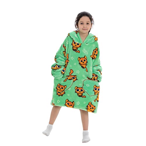 OEAK Hoodie Decke Kinder Pullover Decke Oversize lose Übergroße Kuscheldecke mit Ärmeln Sweatshirt Decke mit Kapuze Kapuzenpullover für Mädchen Jungen (Katze Grün, 7-12 Jahre) von OEAK