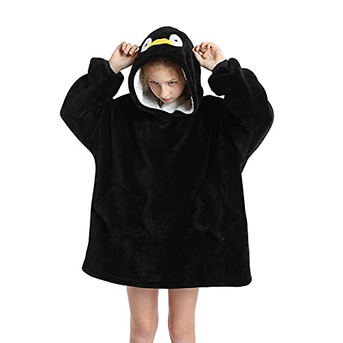 OEAK Hoodie Decke Kinder Pullover Decke Oversize lose Übergroße Kuscheldecke mit Ärmeln Sweatshirt Decke mit Kapuze Kapuzenpullover für Mädchen Jungen (Pinguin Schwarz, 7-12 Jahre) von OEAK