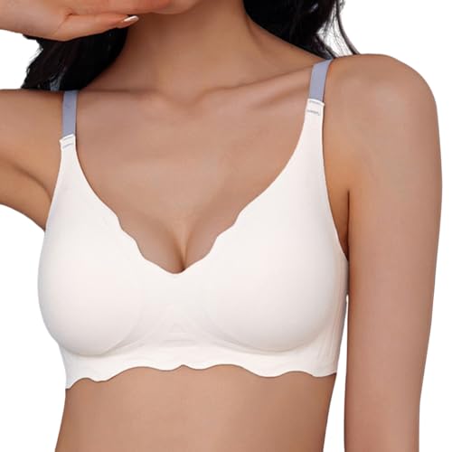 OEAK Nahtloser BH Damen ohne Bügel V-Ausschnitt Bralette Ultrakomfortabler Tshirt Schlaf BH Soft Bra Push Up Gepolstert Bügelloser Bustier,Cremeweiß,L von OEAK