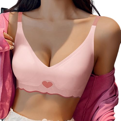 OEAK Nahtloser BH Damen ohne Bügel V-Ausschnitt Bralette Ultrakomfortabler Tshirt Schlaf BH Soft Bra Push Up Gepolstert Bügelloser Bustier,Hellrot,M von OEAK