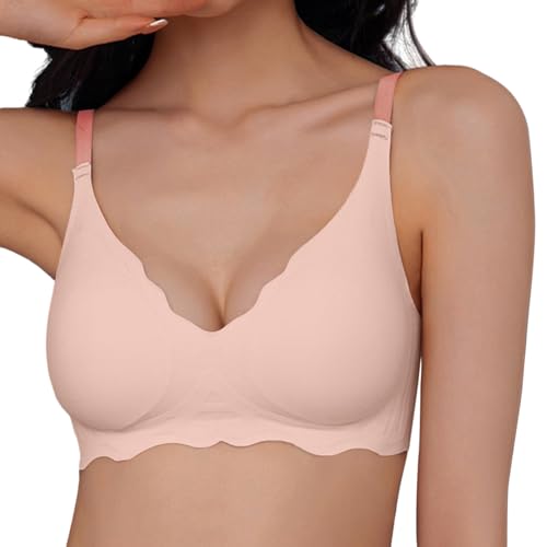 OEAK Nahtloser BH Damen ohne Bügel V-Ausschnitt Bralette Ultrakomfortabler Tshirt Schlaf BH Soft Bra Push Up Gepolstert Bügelloser Bustier,Rosa,M von OEAK