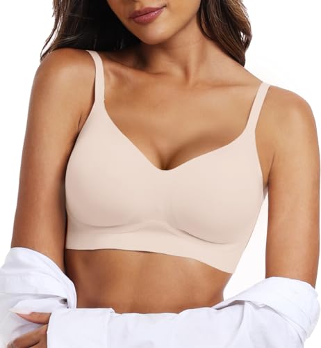 OEAK Nahtloser BH Damen ohne Bügel V-Ausschnitt Zero Feel Bralette Ultrakomfortabler Tshirt BH Soft Schlaf BH Push Up Gepolstert Bügelloser Bustier,Hautfarbe,L von OEAK