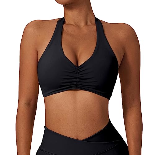 OEAK Neckholder Sport BH Damen Rückenfrei Fitness Bustier Gepolstert Push Up Ohne Bügel Yoga Bra Mittlerer Halt Workout Crop Top,Kohlenschwarz,M von OEAK