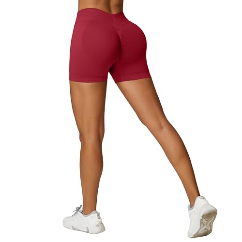 OEAK Scrunch Butt Sportshorts Damen Gym Shorts V Rücken High Waist Push Up Kurz Leggings Sporthose Nahtlos Boom Booty Tights Workout Radlerhose,Rot,L von OEAK