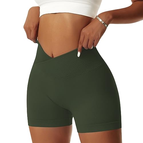 OEAK Scrunch Butt Sportshorts Damen Workout Radlerhose V Cross High Waist Push Up Kurz Sporthosen Nahtlos Booty Tights Fitness Gym Shorts,1PC-Armeegrün,S von OEAK