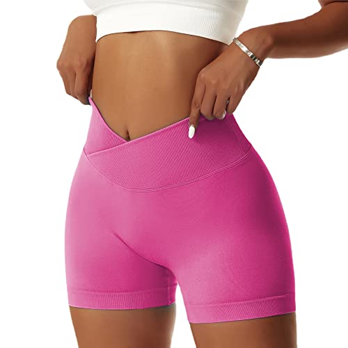 OEAK Scrunch Butt Sportshorts Damen Workout Radlerhose V Cross High Waist Push Up Kurz Sporthosen Nahtlos Booty Tights Fitness Gym Shorts,1PC-Rosen,M von OEAK