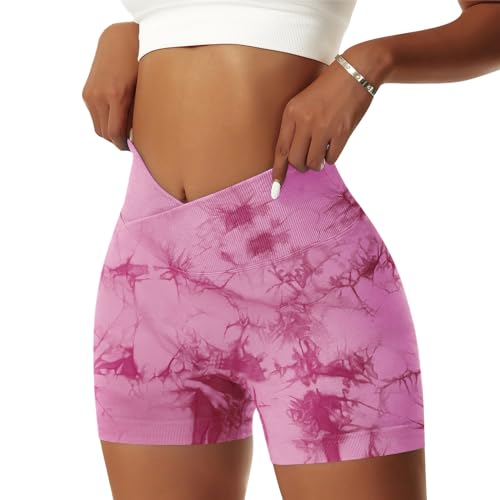 OEAK Scrunch Butt Sportshorts Damen Workout Radlerhose V Cross High Waist Push Up Kurz Sporthosen Nahtlos Booty Tights Fitness Gym Shorts,1PC Tie Dye Rosa,M von OEAK