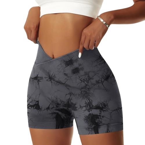 OEAK Scrunch Butt Sportshorts Damen Workout Radlerhose V Cross High Waist Push Up Kurz Sporthosen Nahtlos Booty Tights Fitness Gym Shorts,1PC Tie Dye Schwarz,M von OEAK