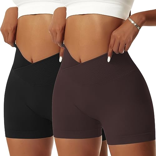 OEAK Scrunch Butt Sportshorts Damen Workout Radlerhose V Cross High Waist Push Up Kurz Sporthosen Nahtlos Booty Tights Fitness Gym Shorts,2PC Schwarz/Dunkelbraun,M von OEAK