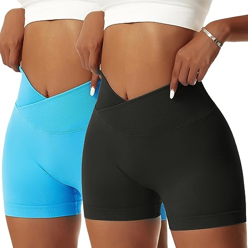 OEAK Scrunch Butt Sportshorts Damen Workout Radlerhose V Cross High Waist Push Up Kurz Sporthosen Nahtlos Booty Tights Fitness Gym Shorts,2PCS-Schwarz/Blau,M von OEAK