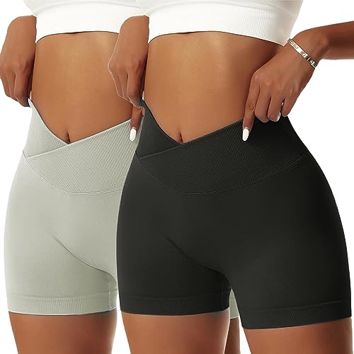 OEAK Scrunch Butt Sportshorts Damen Workout Radlerhose V Cross High Waist Push Up Kurz Sporthosen Nahtlos Booty Tights Fitness Gym Shorts,2PCS-Schwarz/Hellgrün,M von OEAK