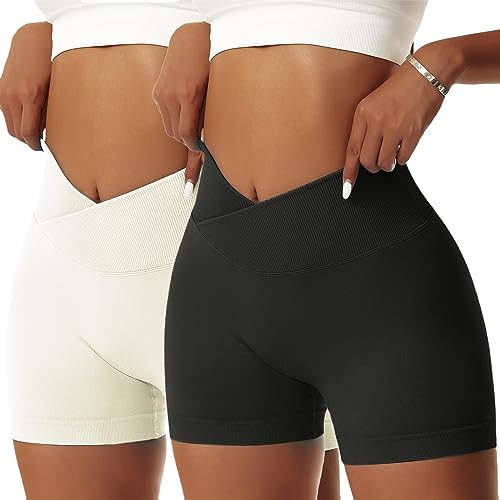 OEAK Scrunch Butt Sportshorts Damen Workout Radlerhose V Cross High Waist Push Up Kurz Sporthosen Nahtlos Booty Tights Fitness Gym Shorts,2PCS-Schwarz/Weiß,M von OEAK