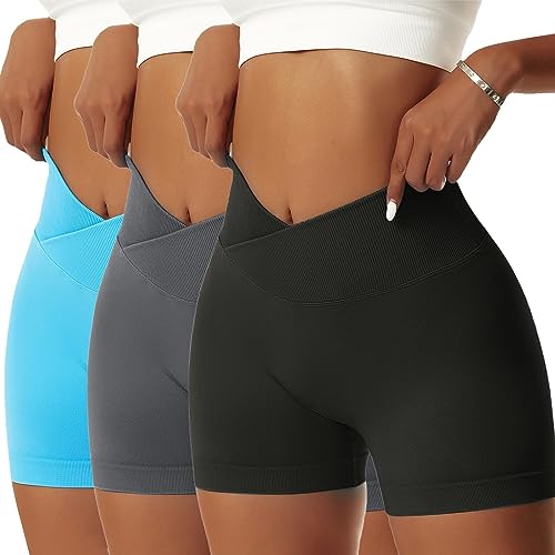 OEAK Scrunch Butt Sportshorts Damen Workout Radlerhose V Cross High Waist Push Up Kurz Sporthosen Nahtlos Booty Tights Fitness Gym Shorts,3PCS-Schwarz/Dunkelgrau/Blau,L von OEAK