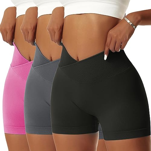 OEAK Scrunch Butt Sportshorts Damen Workout Radlerhose V Cross High Waist Push Up Kurz Sporthosen Nahtlos Booty Tights Fitness Gym Shorts,3PCS-Schwarz/Dunkelgrau/Rosa,S von OEAK