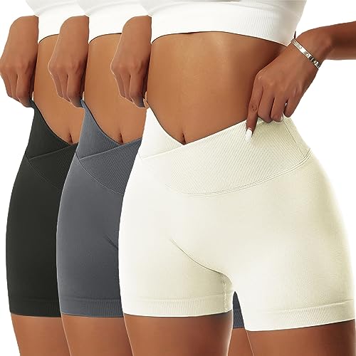 OEAK Scrunch Butt Sportshorts Damen Workout Radlerhose V Cross High Waist Push Up Kurz Sporthosen Nahtlos Booty Tights Fitness Gym Shorts,3PCS-Schwarz/Dunkelgrau/Weiß,L von OEAK