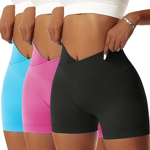 OEAK Scrunch Butt Sportshorts Damen Workout Radlerhose V Cross High Waist Push Up Kurz Sporthosen Nahtlos Booty Tights Fitness Gym Shorts,3PCS-Schwarz/Rosa/Blau,S von OEAK