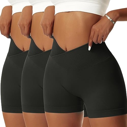 OEAK Scrunch Butt Sportshorts Damen Workout Radlerhose V Cross High Waist Push Up Kurz Sporthosen Nahtlos Booty Tights Fitness Gym Shorts,3PCS-Schwarz/Schwarz/Schwarz,M von OEAK