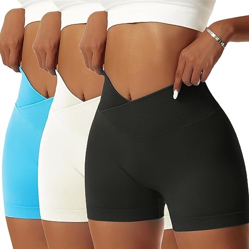 OEAK Scrunch Butt Sportshorts Damen Workout Radlerhose V Cross High Waist Push Up Kurz Sporthosen Nahtlos Booty Tights Fitness Gym Shorts,3PCS-Schwarz/Weiß/Blau,L von OEAK