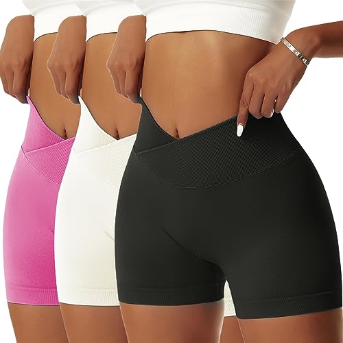 OEAK Scrunch Butt Sportshorts Damen Workout Radlerhose V Cross High Waist Push Up Kurz Sporthosen Nahtlos Booty Tights Fitness Gym Shorts,3PCS-Schwarz/Weiß/Rosa,M von OEAK