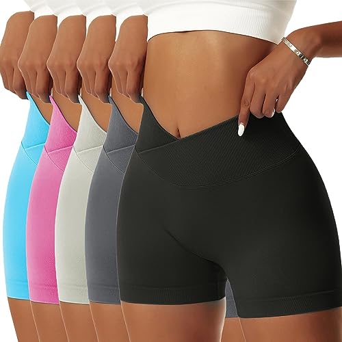 OEAK Scrunch Butt Sportshorts Damen Workout Radlerhose V Cross High Waist Push Up Kurz Sporthosen Nahtlos Booty Tights Fitness Gym Shorts,5PCS-Schwarz/Dunkelgrau/Hellgrün/Rosa/Blau,M von OEAK