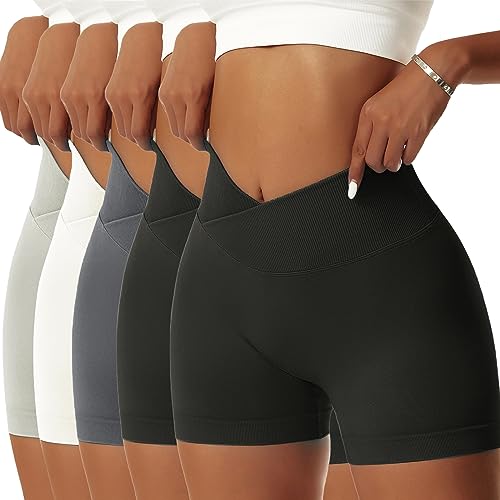 OEAK Scrunch Butt Sportshorts Damen Workout Radlerhose V Cross High Waist Push Up Kurz Sporthosen Nahtlos Booty Tights Fitness Gym Shorts,5PCS-Schwarz/Schwarz/Weiß/Dunkelgrau/Hellgrün,L von OEAK