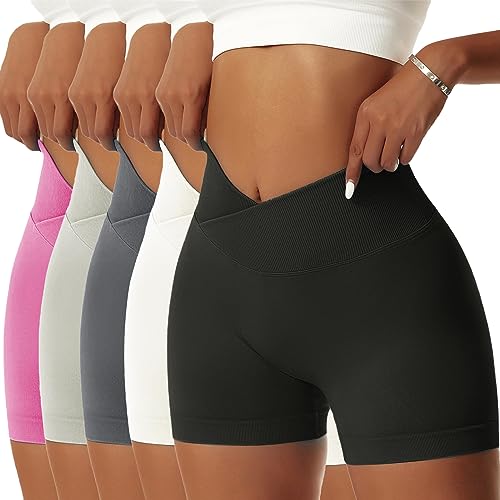 OEAK Scrunch Butt Sportshorts Damen Workout Radlerhose V Cross High Waist Push Up Kurz Sporthosen Nahtlos Booty Tights Fitness Gym Shorts,5PCS-Schwarz/Weiß/Dunkelgrau/Hellgrün/Rosa,M von OEAK