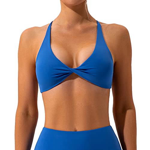 OEAK Sport BH Rückenfrei Damen Crossback Bra Twisted V-Ausschnitt Push Up Crop Top Gepolstert Bustier Ohne Bügel für Yoga Gym Fitness,1 PC Blau,L von OEAK